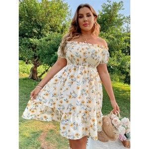 WYWH Plus Floral Print Off Shoulder Shirred Ruffle Hem Dress